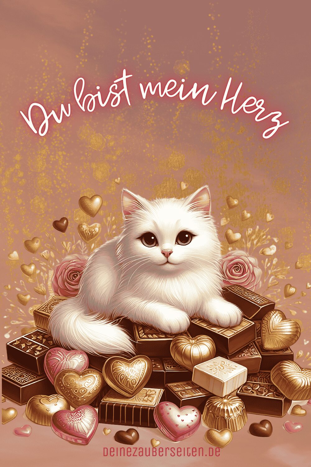 katze mit liebesspruch und schokolade 