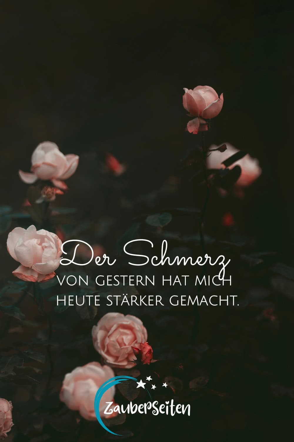 Sanfte rosa Blumen auf dunklem Wasser, inspirierendes Zitat über Stärke und Schmerz, Zauberseiten.